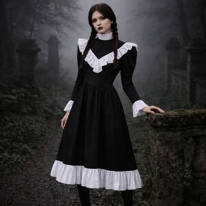 NWT Batsheva Black White Ruffle Cotton Midi Dress‎ Size 2